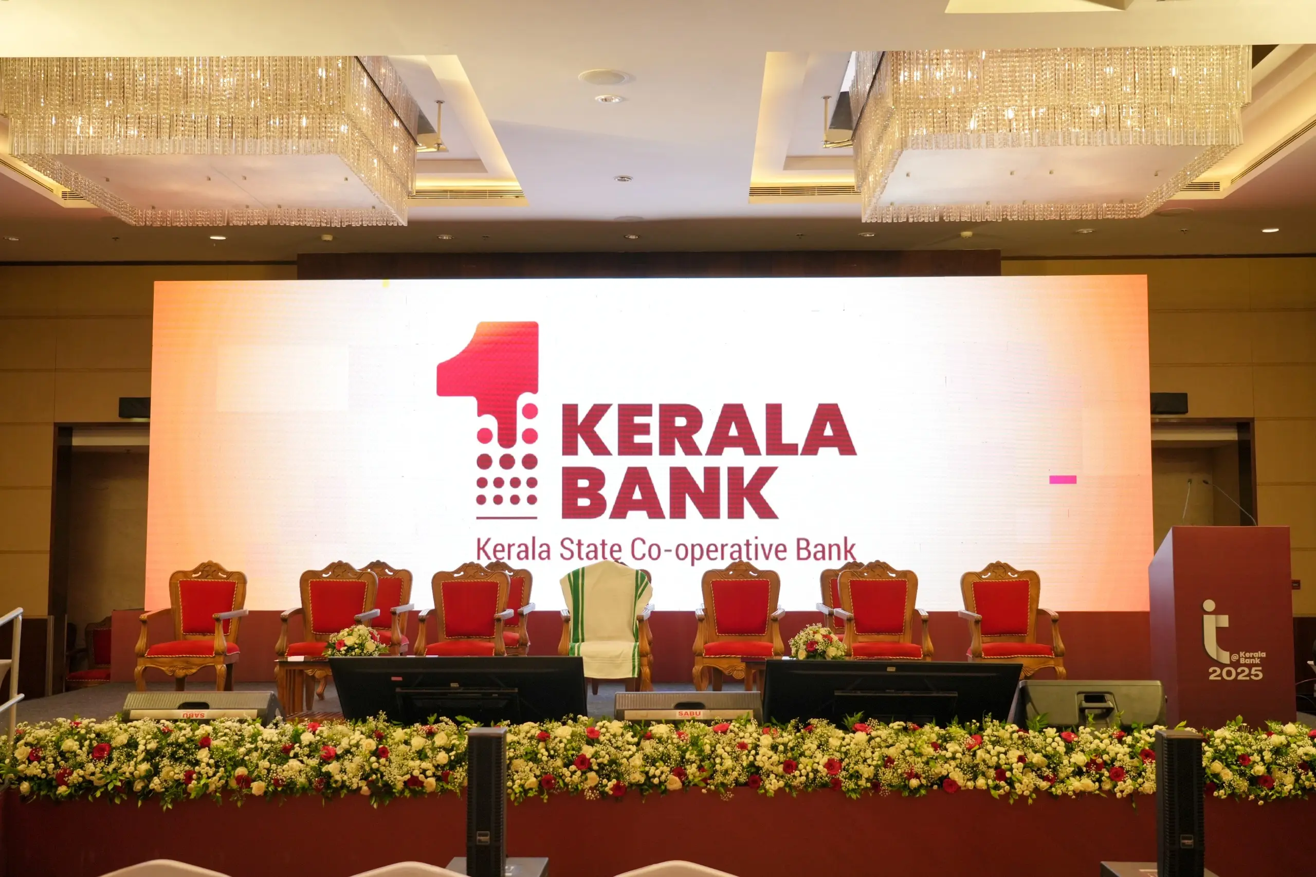 Formal corporate meeting stage and seating layout