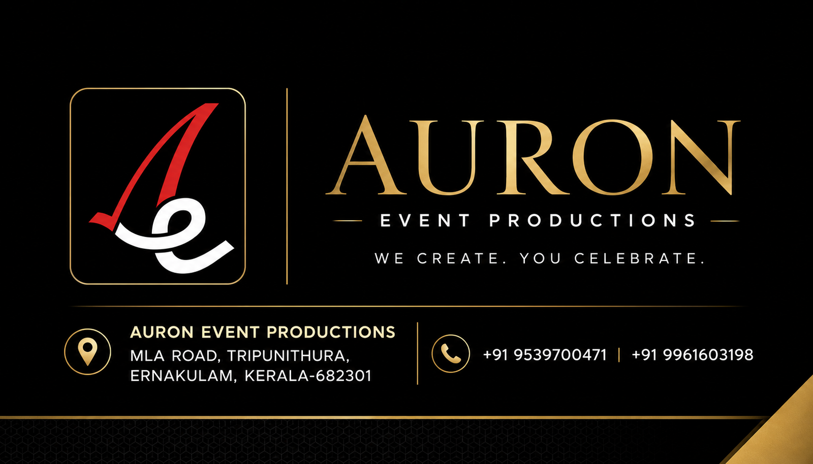 Auron Event Productions visiting card with contact details